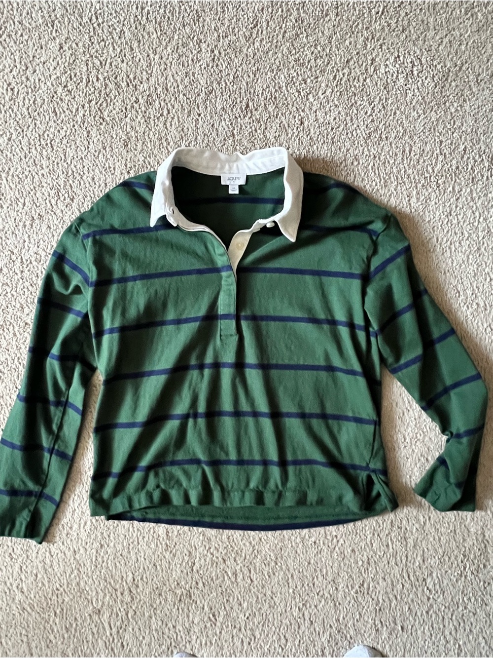 J. Crew Green & Navy Striped Rugby Shirt with White Collar